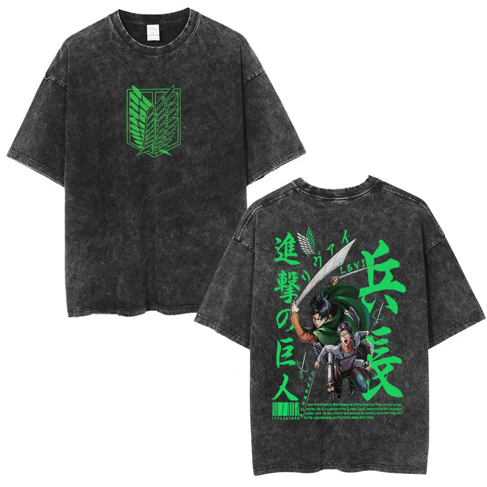 Vintage Washed Anime Attack on Titan Eren Jaeger T-shirt Men Women Fashion Short Sleeve T Shirts Cotton T-shirt Tops 2026 Summer