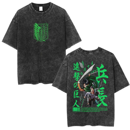 Vintage Washed Anime Attack on Titan Eren Jaeger T-shirt Men Women Fashion Short Sleeve T Shirts Cotton T-shirt Tops 2026 Summer