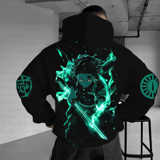 Black Hoodie Set with Demon Slayer Character Green Sword Glow Pattern Front and Back Print Sleeve Design Kimetsu No Yaiba Anime