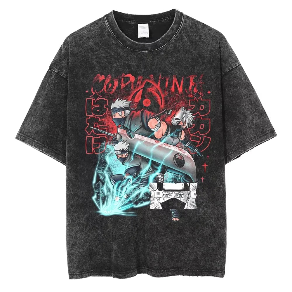Hip Hop Streetwear Japanese Anime Naruto Print T Shirt Vintage Black T-Shirt Harajuku Cotton Casual Tops Men Short Sleeve Tshirt