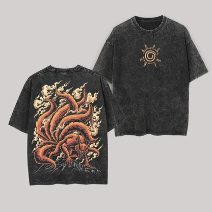 Kurama T Shirt Kyuubi Naruto Vintage Acid Wash Streetwear Oversized Nine Tailed Fox Retro Anime Graphic Men Tees Cotton Top
