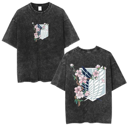 Vintage Washed Anime Attack on Titan Eren Jaeger T-shirt Men Women Fashion Short Sleeve T Shirts Cotton T-shirt Tops 2026 Summer