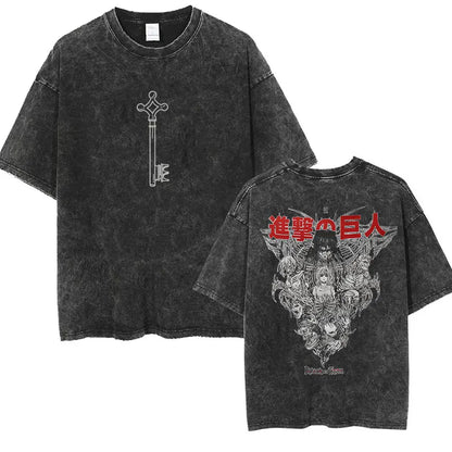 Anime Attack on Titan Vintage Washed Print T-shirt Mikasa Ackerman Eren Jaeger Wings of Freedom Logo Mens Summer Cotton T-shirts