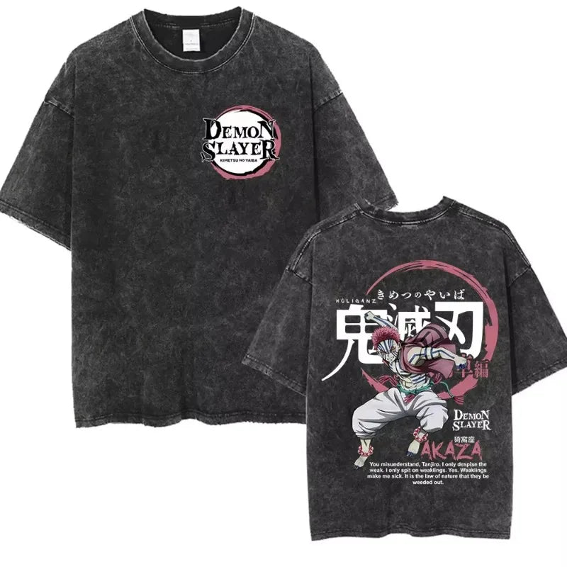 Japanese Anime Demon Slayer Akaza Graphic Washed T-shirts Women’s Men's Clothing  Harajuku Y2K Oversized Cotton Half-sleeve Tops