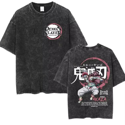 Japanese Anime Demon Slayer Akaza Graphic Washed T-shirts Women’s Men's Clothing  Harajuku Y2K Oversized Cotton Half-sleeve Tops