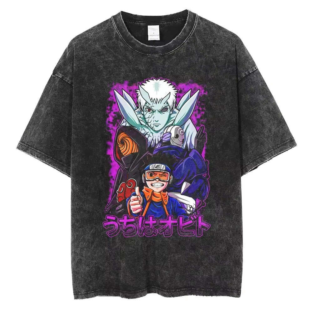 Hip Hop Streetwear Japanese Anime Naruto Print T Shirt Vintage Black T-Shirt Harajuku Cotton Casual Tops Men Short Sleeve Tshirt