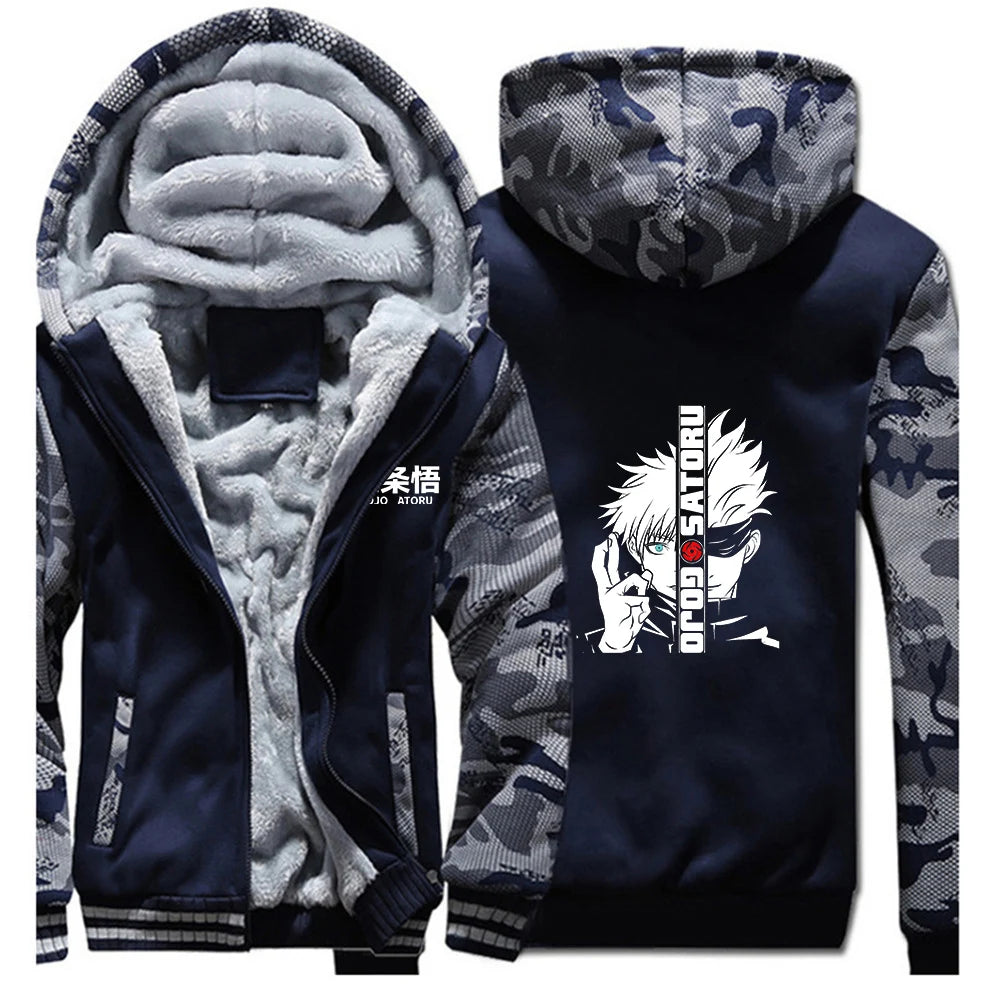 Anime Jujutsu Kaisen 2025 Autumn And Winter Man's Patchwork Fleece Warm Hoodies Jacket Gojo Satoru Zipper Fashion Coat