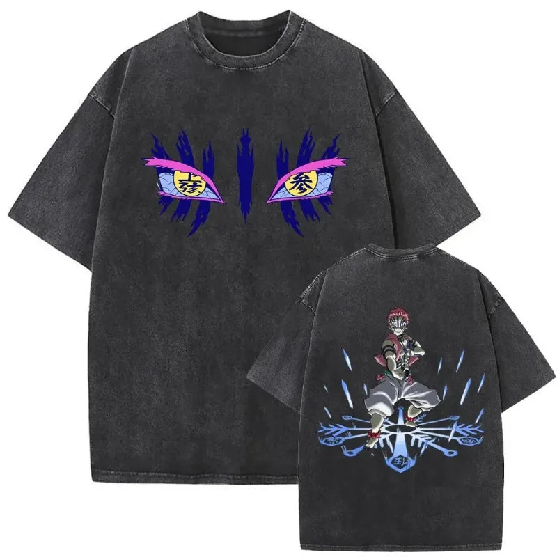 Japanese Anime Demon Slayer Akaza Graphic Washed T-shirts Women’s Men's Clothing  Harajuku Y2K Oversized Cotton Half-sleeve Tops