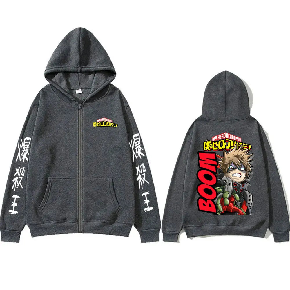 Anime My Hero Academia Merch Zipper Hoodie Cartoon Bakugou Katsuki Zip Up Jacket Men Manga Casual Oversized Zip Up Sweatshirt