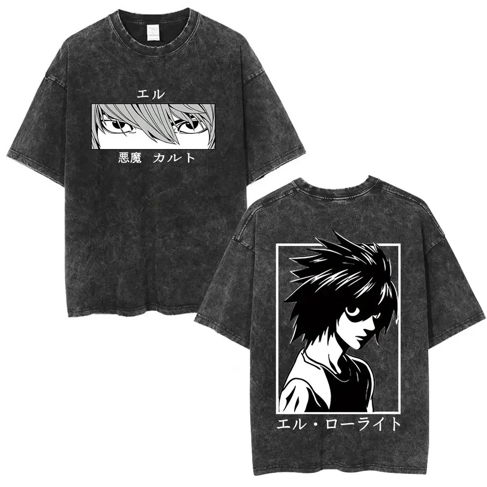 Washed Vintage Anime Death Note Ryuk T Shirts Men Women Fashion Oversized Crewneck T-shirts Men's Cartoon Manga Merch Streetwear