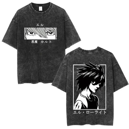 Washed Vintage Anime Death Note Ryuk T Shirts Men Women Fashion Oversized Crewneck T-shirts Men's Cartoon Manga Merch Streetwear