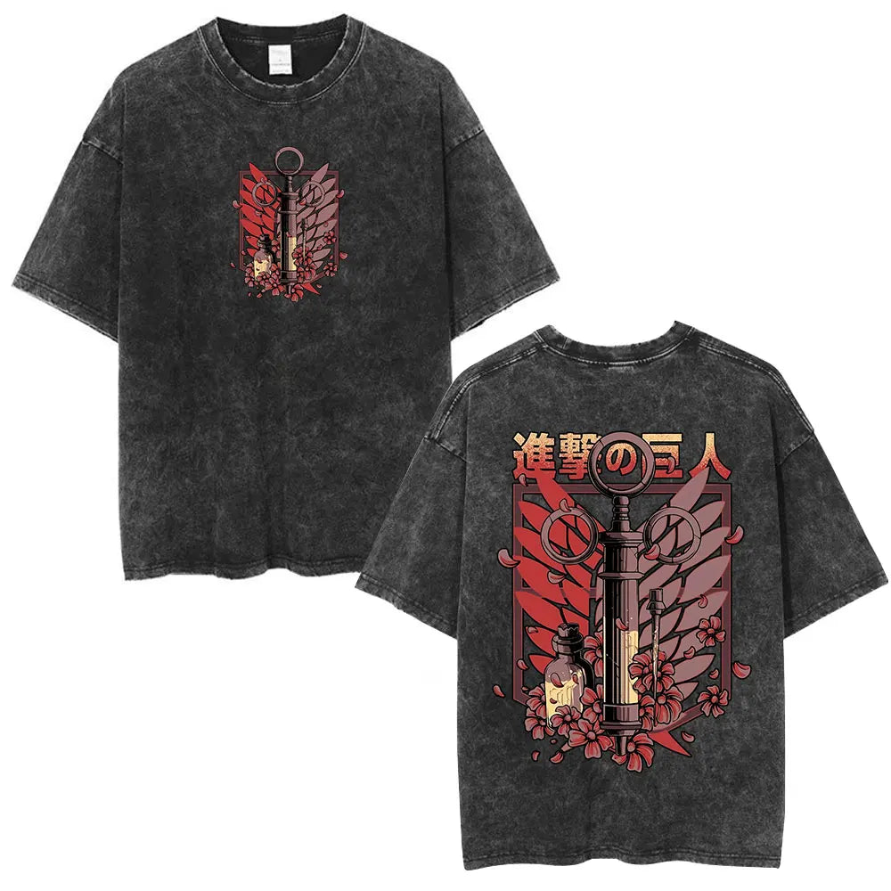 Vintage Washed Anime Attack on Titan Eren Jaeger T-shirt Men Women Fashion Short Sleeve T Shirts Cotton T-shirt Tops 2026 Summer