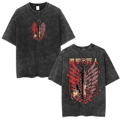 Vintage Washed Anime Attack on Titan Eren Jaeger T-shirt Men Women Fashion Short Sleeve T Shirts Cotton T-shirt Tops 2026 Summer
