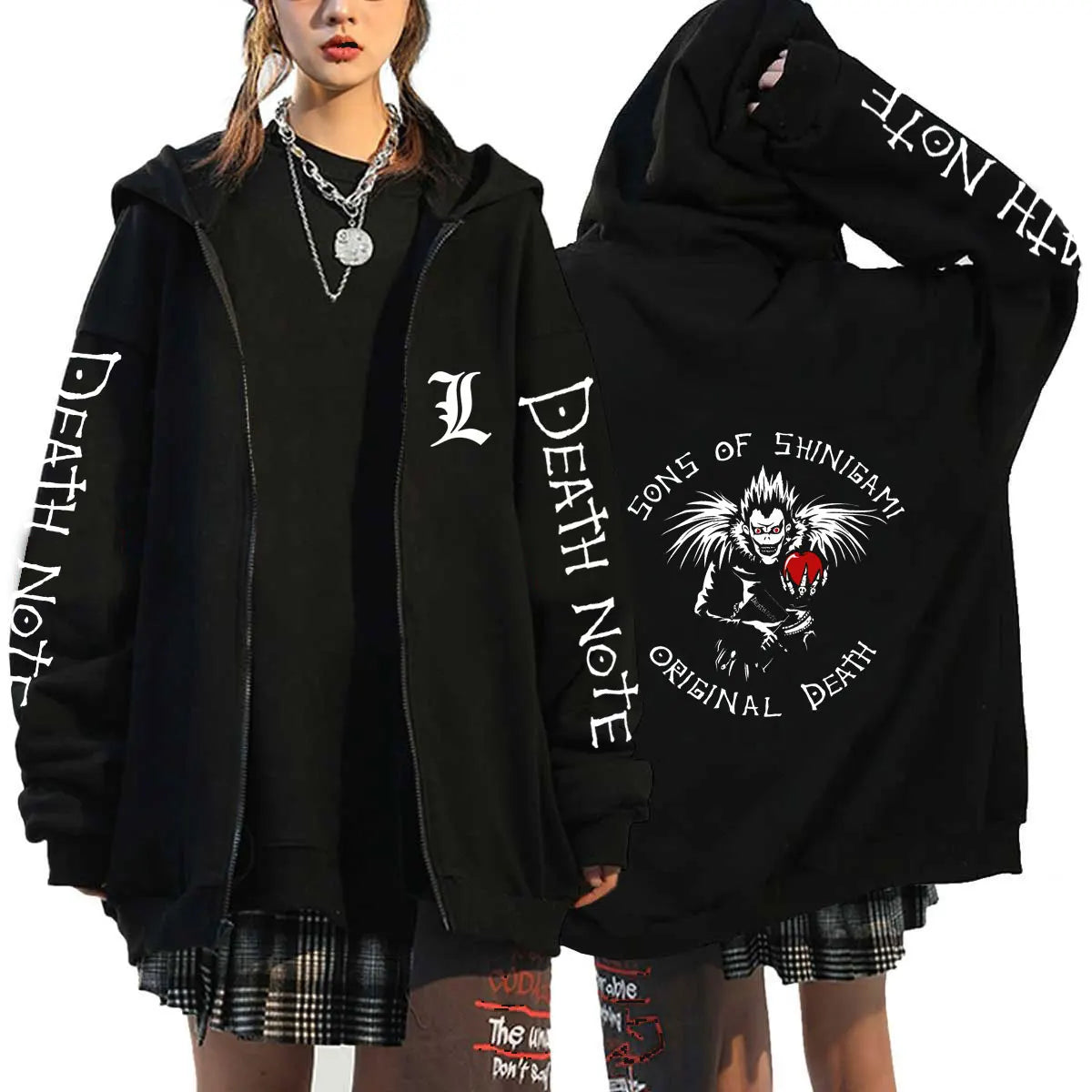Men And Women Death Note Zip Up Hoodies Harajuku Unisex Zipper Jacket Hoody Sleeve Light Print Ryuk And Yagami Classic Simple