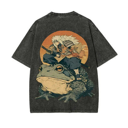 Naruto Jiraiya T Shirt Gamabunta Ukiyo-e Vintage Acid Wash Streetwear Oversized Retro Anime Graphic Men Tees Clothing