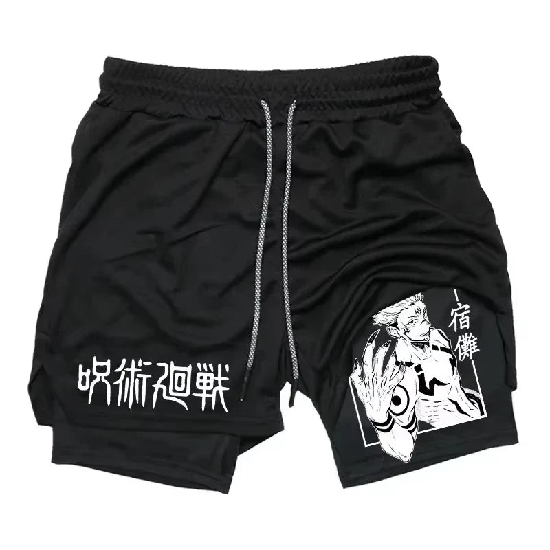 Sukuna Men's Double Layer 2-in-1 combat fitness pants Sports Shorts Jujutsu Kaisen Japanese Anime pocket Quick-Drying sweatpants