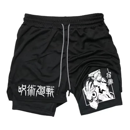 Sukuna Men's Double Layer 2-in-1 combat fitness pants Sports Shorts Jujutsu Kaisen Japanese Anime pocket Quick-Drying sweatpants