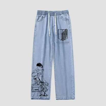 Original Atta on Titan Hand-Painted Jeans Free Wing Print Youthful Leisure Sle mid Waist Loose Fit Denim for Teens And St...