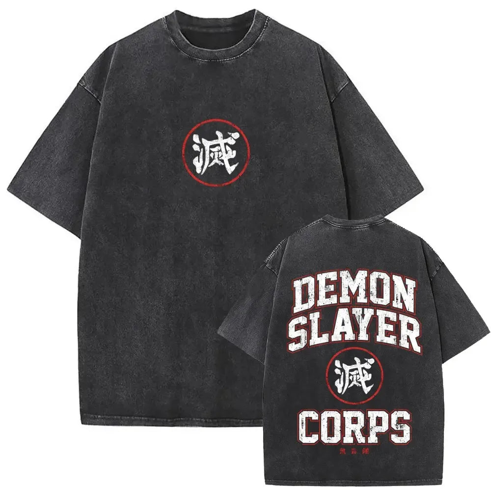 Japanese Anime Demon Slayer Akaza Graphic Washed T-shirts Women’s Men's Clothing  Harajuku Y2K Oversized Cotton Half-sleeve Tops
