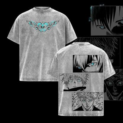 Harajuku Fashion Y2k Jujutsu Kaisen T-shirt Men's Clothing Anime Gojo Satoru Washed T Shirt Short Sleeve Cotton Loose Tees Tops