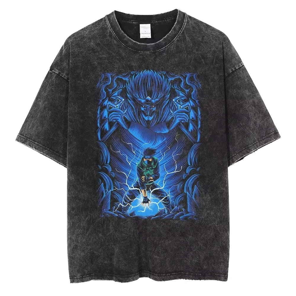 Hip Hop Streetwear Japanese Anime Naruto Print T Shirt Vintage Black T-Shirt Harajuku Cotton Casual Tops Men Short Sleeve Tshirt