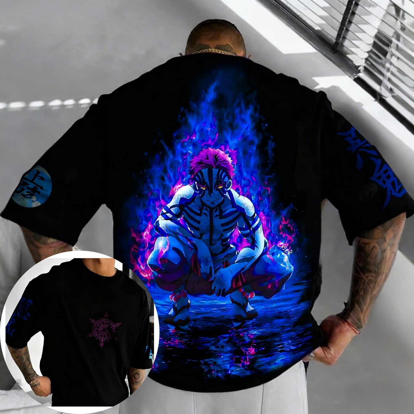 Demon Slayer Men's and Women's T-shirt Summer New Akaza Anime Printed Harajuku Plus Size Trend Y2K Casual Loose Parent Child Top