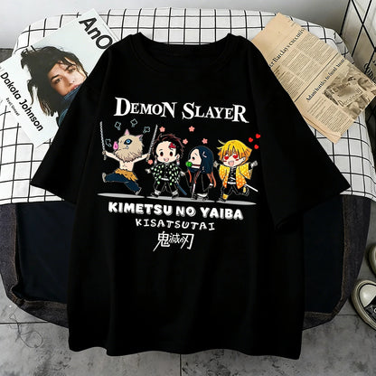 Plus Size Demon Slayer Summer Anime Printed Men, Women T-shirt Casual Parent Child Top Fashion Street Wear Harajuku Style Y2K