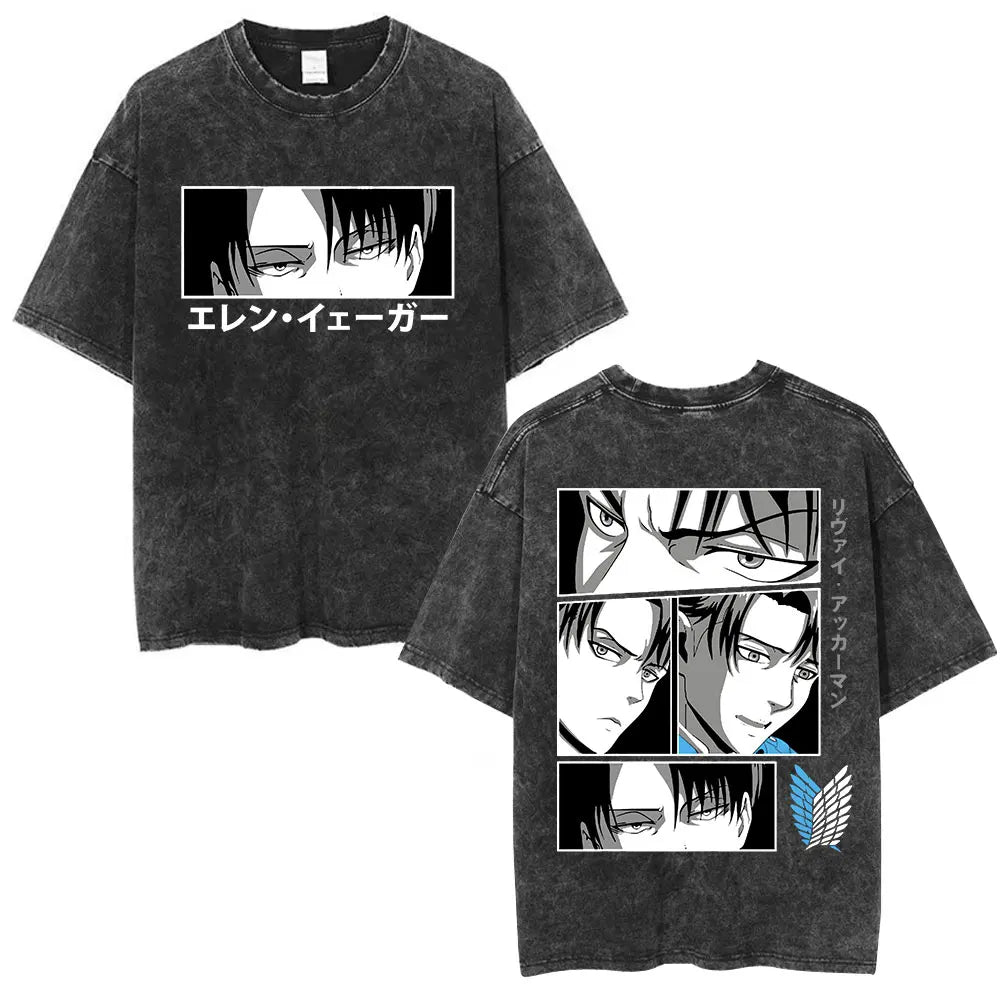 Vintage Washed Anime Attack on Titan Eren Jaeger T-shirt Men Women Fashion Short Sleeve T Shirts Cotton T-shirt Tops 2026 Summer