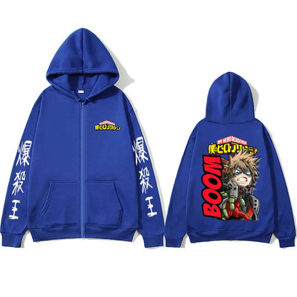 Anime My Hero Academia Merch Zipper Hoodie Cartoon Bakugou Katsuki Zip Up Jacket Men Manga Casual Oversized Zip Up Sweatshirt