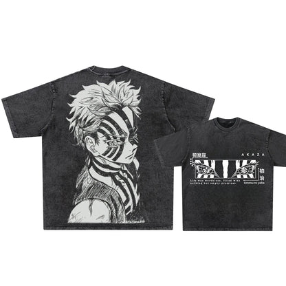 Japanese Anime Demon Slayer Akaza Graphic Washed T-shirts Women’s Men's Clothing  Harajuku Y2K Oversized Cotton Half-sleeve Tops