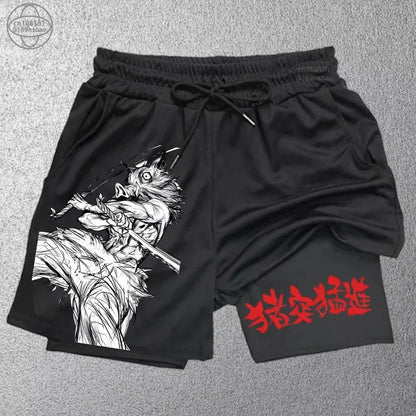 Demon Slayer Print Men's Shorts Summer Women's Double Layer Shorts Gym Running Sports 2-in-1 Pant Breathable Quick-Drying Shorts