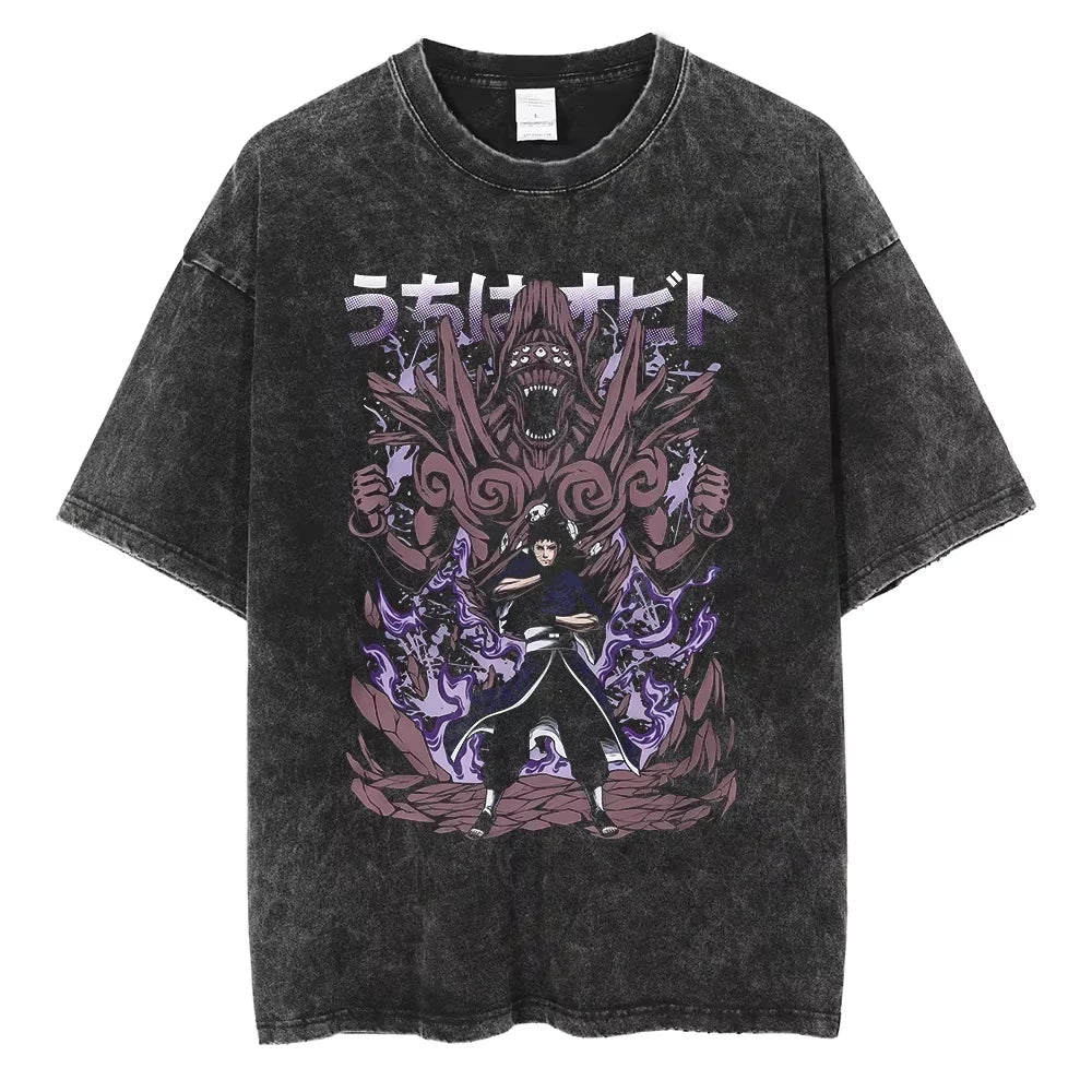 Hip Hop Streetwear Japanese Anime Naruto Print T Shirt Vintage Black T-Shirt Harajuku Cotton Casual Tops Men Short Sleeve Tshirt