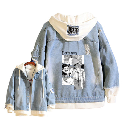 Anime Death Note Girls Loose Jeans Jacket Cartoon Ryuk Print Hoodie Streetwear Couple Sweatshirts Demin Hooded Coats Outerwear