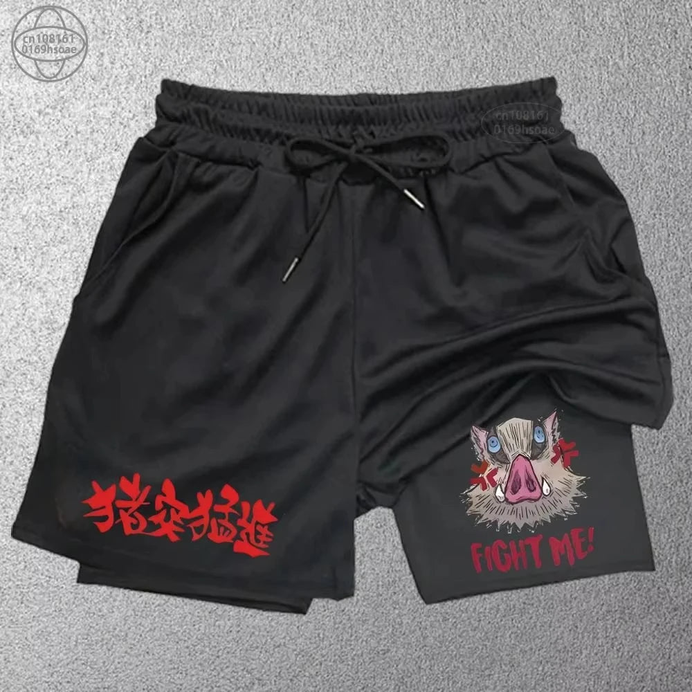 Demon Slayer Print Men's Shorts Summer Women's Double Layer Shorts Gym Running Sports 2-in-1 Pant Breathable Quick-Drying Shorts