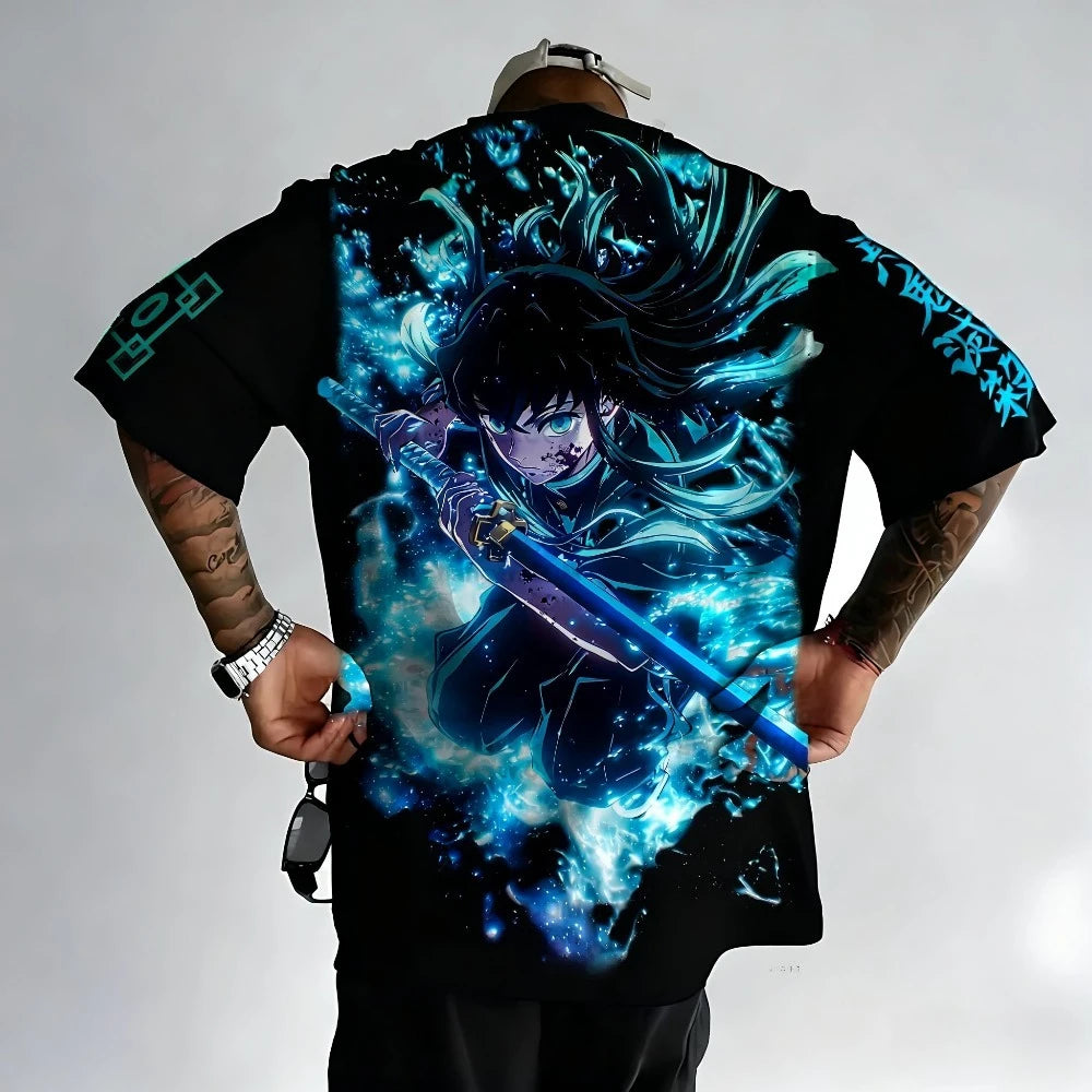 Demon Slayer Men's T-shirt Muichiro Tokito Summer Japan Anime Tee Spring and Autumn Boy Street Short-sleeved Parent-child Wear