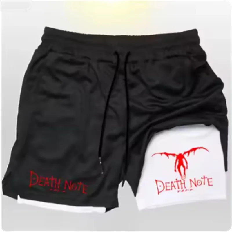 Death Note Anime Men's 2-in-1 Quick Dry Shorts Double-Deck Gym Running Sport Fitness Jogging Workout Outdoor Short Pants