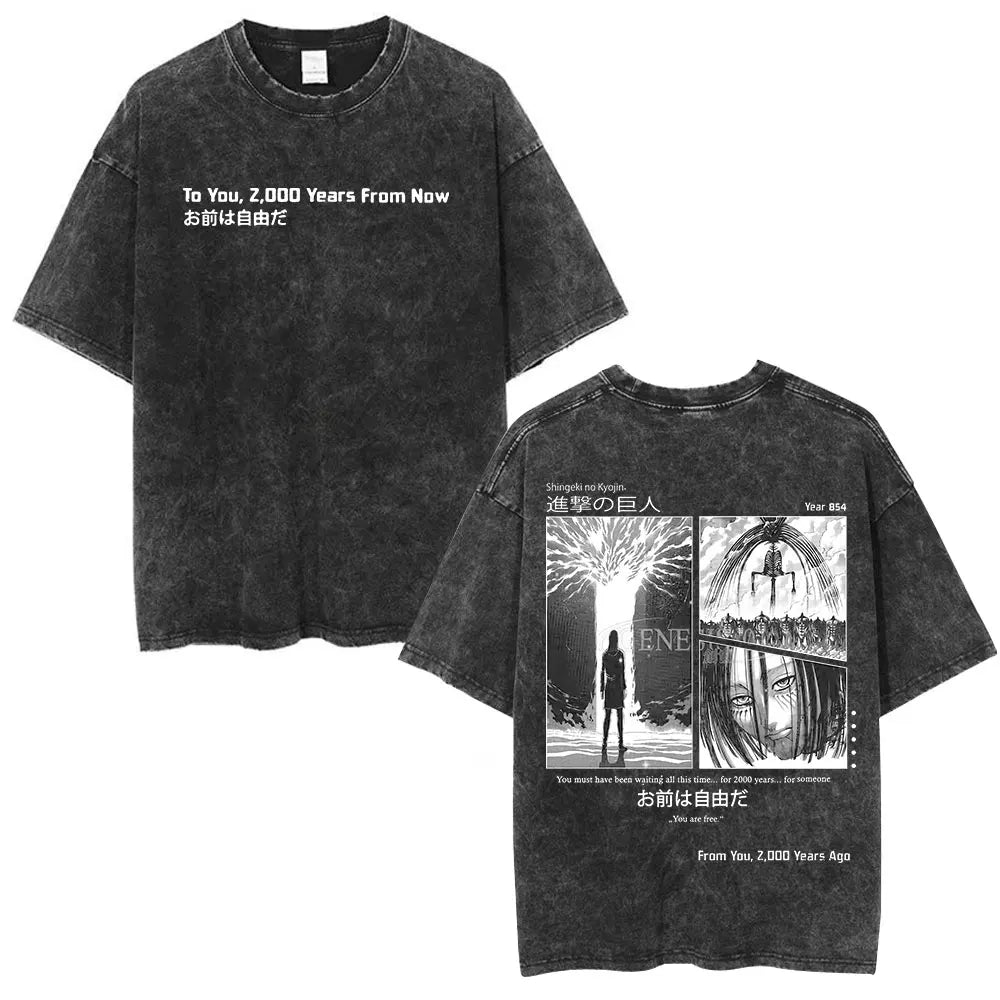 Vintage Washed Anime Attack on Titan Eren Jaeger T-shirt Men Women Fashion Short Sleeve T Shirts Cotton T-shirt Tops 2026 Summer