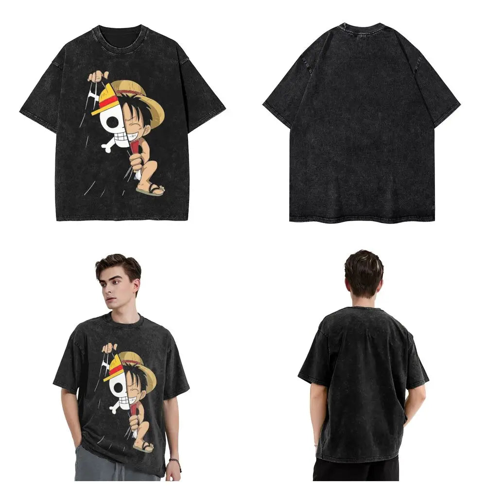 Harajuku Washed T Shirt Monkey D.Luffys O-One P-Piece Loose T-Shirts Hip Hop Tshirt for Men Summer Y2K Fun Print Clothing