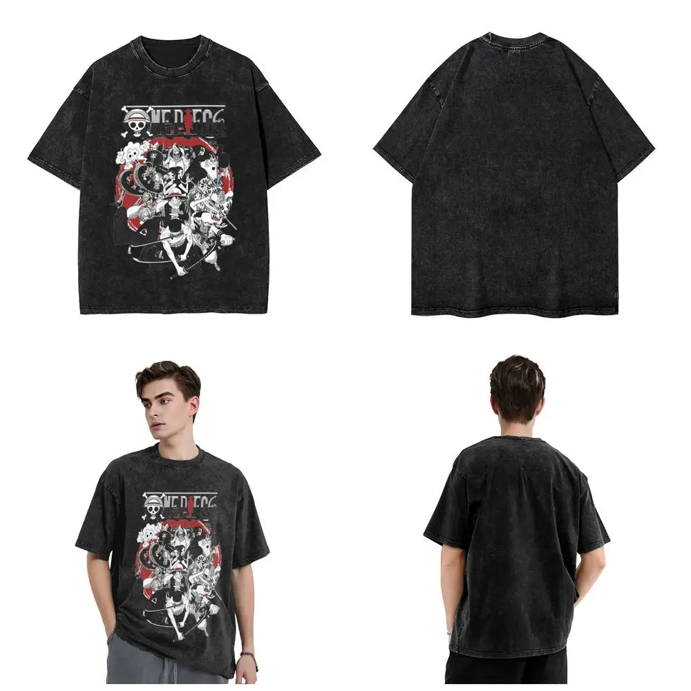 Harajuku Washed T Shirt Monkey D.Luffys O-One P-Piece Loose T-Shirts Hip Hop Tshirt for Men Summer Y2K Fun Print Clothing