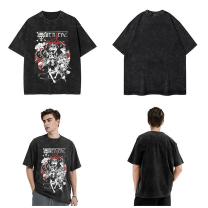 Harajuku Washed T Shirt Monkey D.Luffys O-One P-Piece Loose T-Shirts Hip Hop Tshirt for Men Summer Y2K Fun Print Clothing