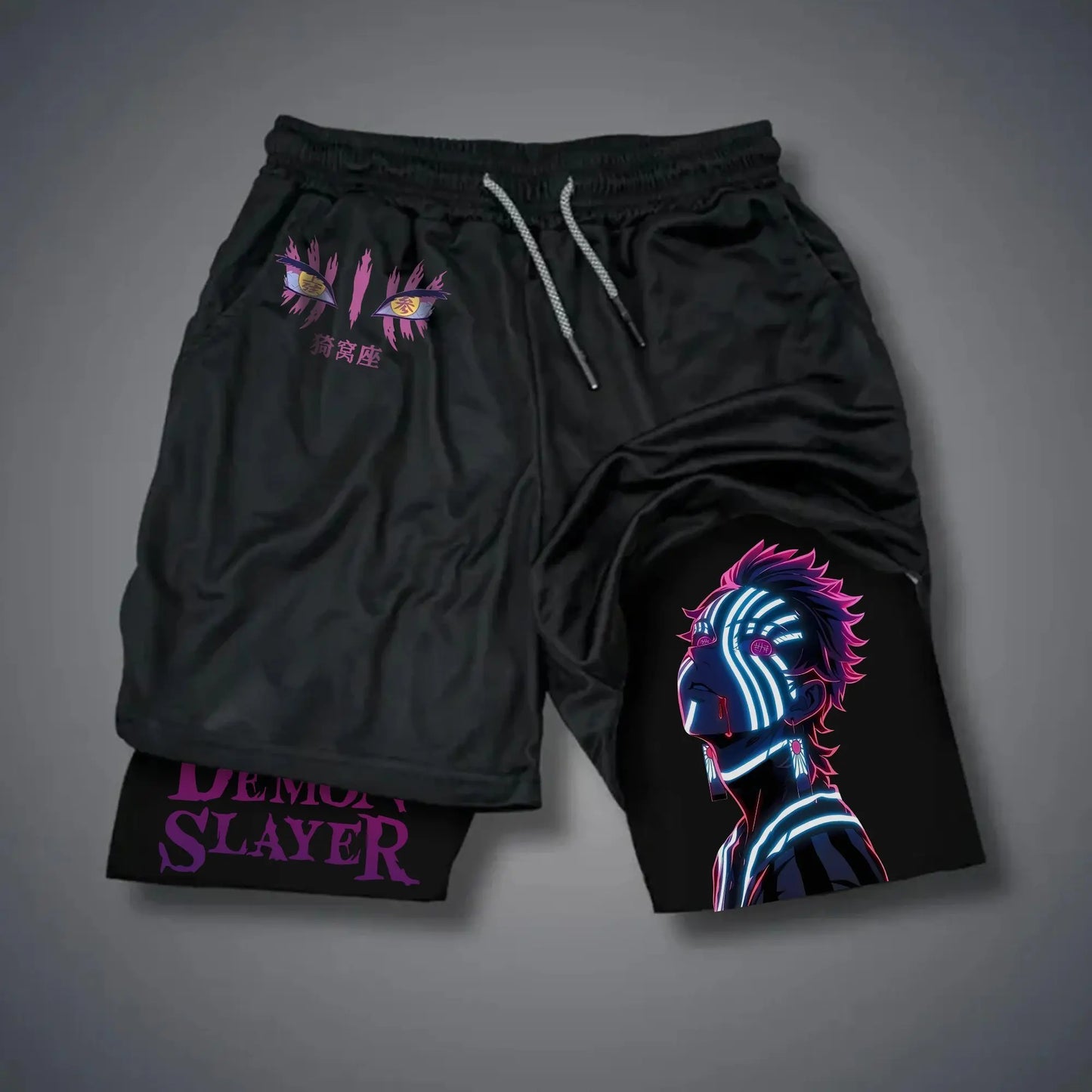 Summer Quick Dry Gym Shorts Man Demon Slayer Fashion Anime Print Double-layer Pants Streetwear Sportswear Fitness Beach Pants