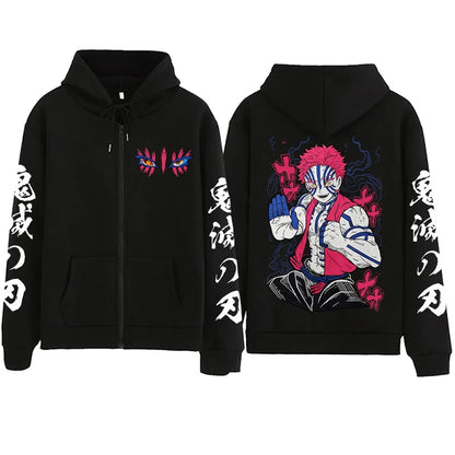 New Anime Demon Slayer Infinity Castle Akaza Printed Zipper Hoodie Harajuku Manga Oversized Pullover Hoodies Y2k Zip Up Hoodie