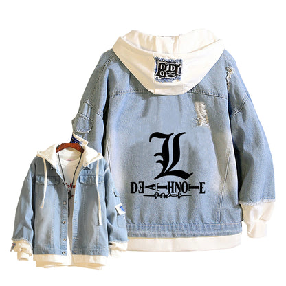 Anime Death Note Girls Loose Jeans Jacket Cartoon Ryuk Print Hoodie Streetwear Couple Sweatshirts Demin Hooded Coats Outerwear