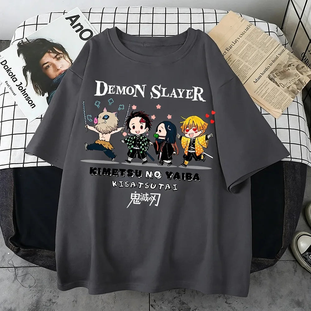Plus Size Demon Slayer Summer Anime Printed Men, Women T-shirt Casual Parent Child Top Fashion Street Wear Harajuku Style Y2K