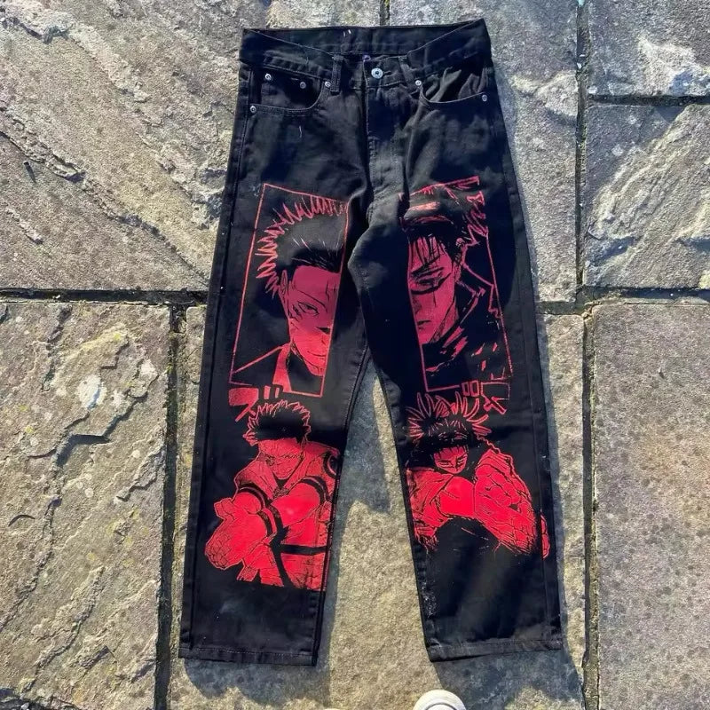 New Trend Printed Demon Slayer One Piece Jujutsu Kaisen Anime Characters Teen Loose Casual Jeans Japanese Retro Straight Jeans