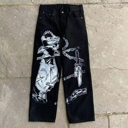 New Trend Printed Demon Slayer One Piece Jujutsu Kaisen Anime Characters Teen Loose Casual Jeans Japanese Retro Straight Jeans