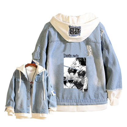 Anime Death Note Girls Loose Jeans Jacket Cartoon Ryuk Print Hoodie Streetwear Couple Sweatshirts Demin Hooded Coats Outerwear