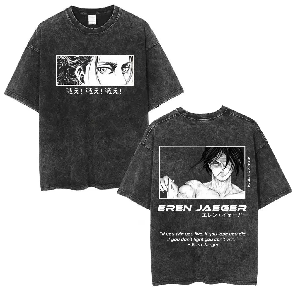 Vintage Washed Anime Attack on Titan Eren Jaeger T-shirt Men Women Fashion Short Sleeve T Shirts Cotton T-shirt Tops 2026 Summer