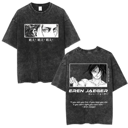 Vintage Washed Anime Attack on Titan Eren Jaeger T-shirt Men Women Fashion Short Sleeve T Shirts Cotton T-shirt Tops 2026 Summer