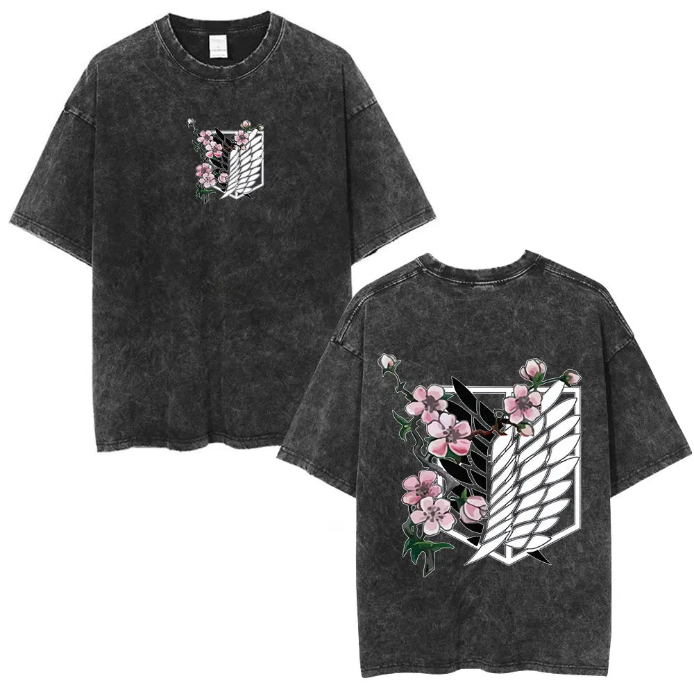 Vintage Washed Anime Attack on Titan Eren Jaeger T-shirt Men Women Fashion Short Sleeve T Shirts Cotton T-shirt Tops 2026 Summer